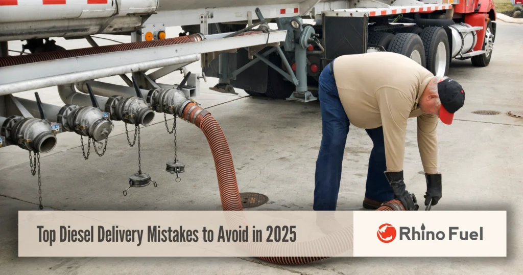 Worker connecting fuel hose to truck during diesel delivery mistakes to avoid.