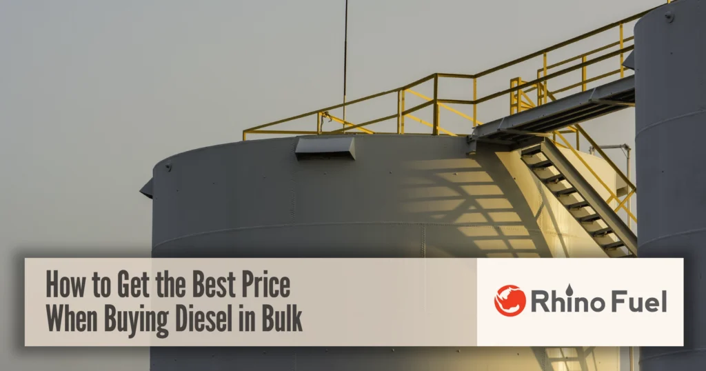 RF-Social-Link-How to Get the Best Price When Buying Diesel in Bulk2x - Rhino Fuel Buying diesel in bulk graphic featuring large on-site fuel storage tanks with Rhino Fuel branding.