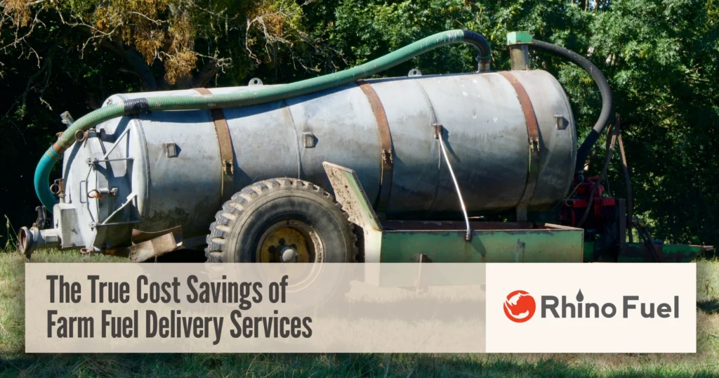 RF-Social-Link-The-True-Cost-Savings-of-Farm-Fuel-Delivery-Services2x 1 - Rhino Fuel Farm fuel tanker trailer with hoses parked in a grassy field near trees.