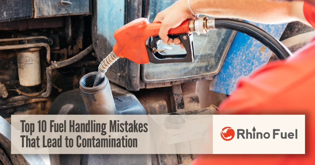RF-Social-Link-Top 10 Fuel Handling Mistakes That Lead to Contamination2x - Rhino Fuel Fuel handling mistake shown as a worker dispensing fuel into equipment, highlighting risks that can lead to fuel contamination.