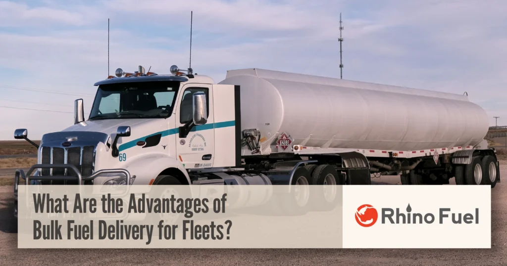What are the advantages of bulk fuel delivery for fleets graphic featuring a fuel tanker truck with Rhino Fuel branding.
