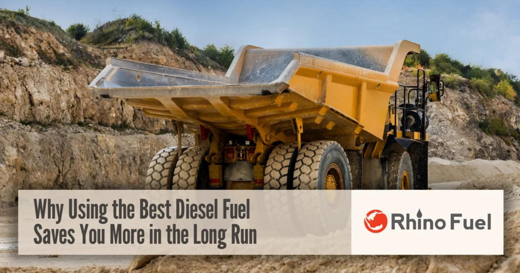 Best diesel fuel graphic featuring heavy-duty dump truck at a construction site with Rhino Fuel branding.