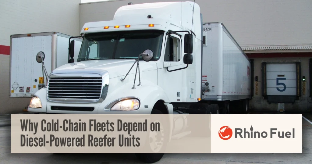 Diesel powered reefer units keeping a refrigerated semi-truck trailer cold at a warehouse loading dock