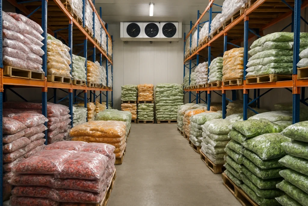Cold storage warehouse with palletized frozen food products stored on racks inside a temperature-controlled facility