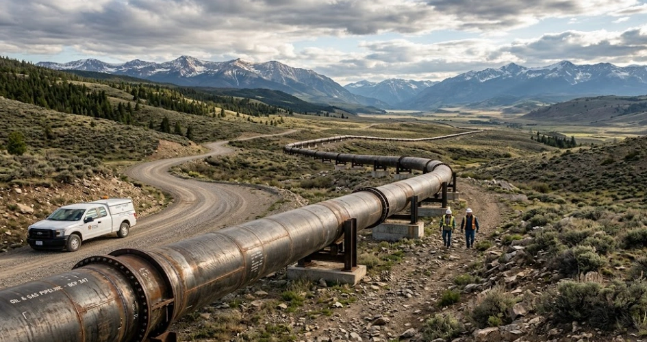 Disaster fuel supply pipeline system in a remote area with technicians inspecting fuel infrastructure
