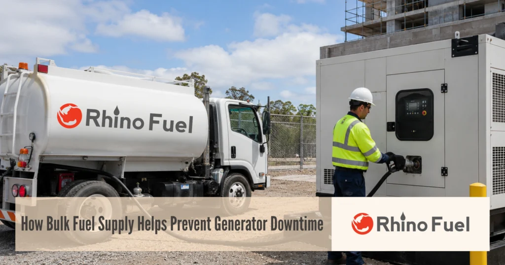 Bulk fuel supply truck refueling a commercial generator at a construction site to help prevent generator downtime.