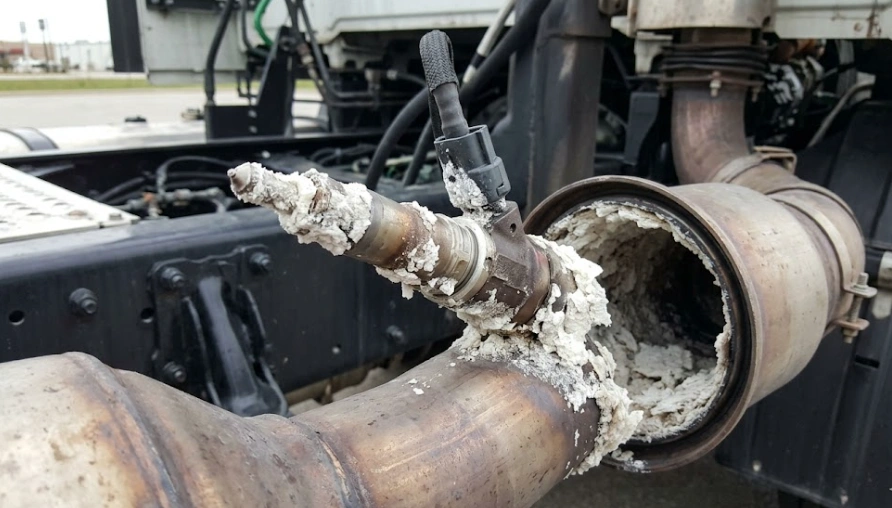 Crystallized buildup in a diesel exhaust pipe showing issues that can affect DEF for SCR systems.