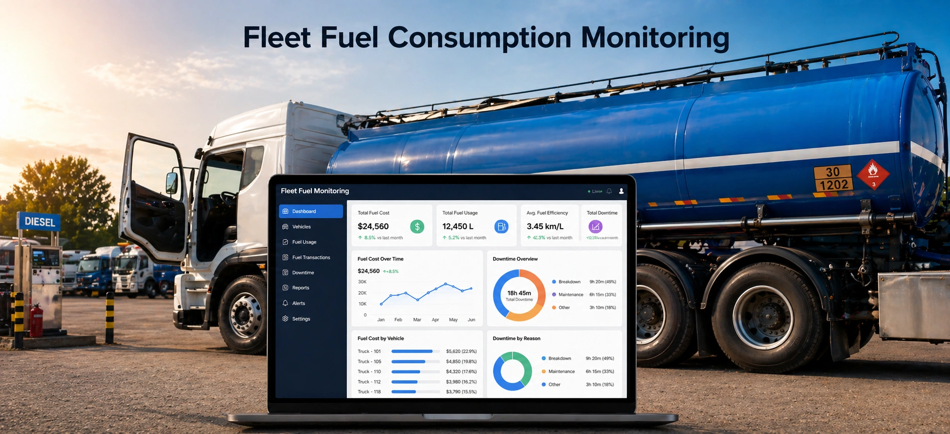 How to monitor fleet fuel consumption using a dashboard with fuel cost, usage, efficiency, and downtime data beside a diesel tanker truck.