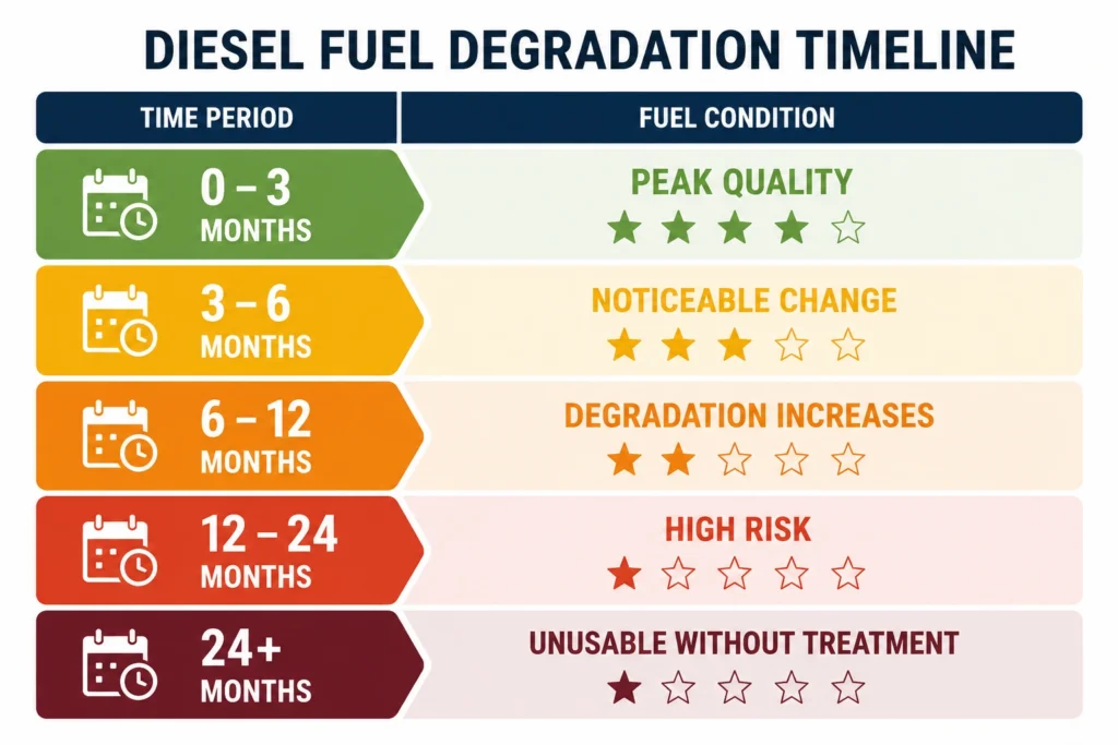 Diesel fuel degradation timeline: 0–3 months peak quality; 3–6 months noticeable change; 6–12 months degradation increases; 12–24 months high risk; 24+ months unusable without treatment.
