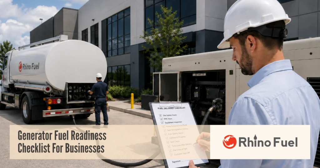 Generator fuel delivery technician completing a generator fuel readiness checklist at a commercial facility before refueling backup power equipment.