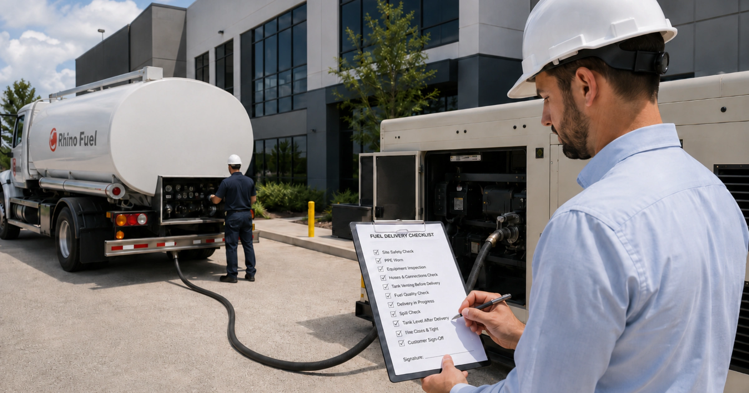 Generator fuel delivery technician completing a generator fuel readiness checklist at a commercial facility before refueling backup power equipment.
