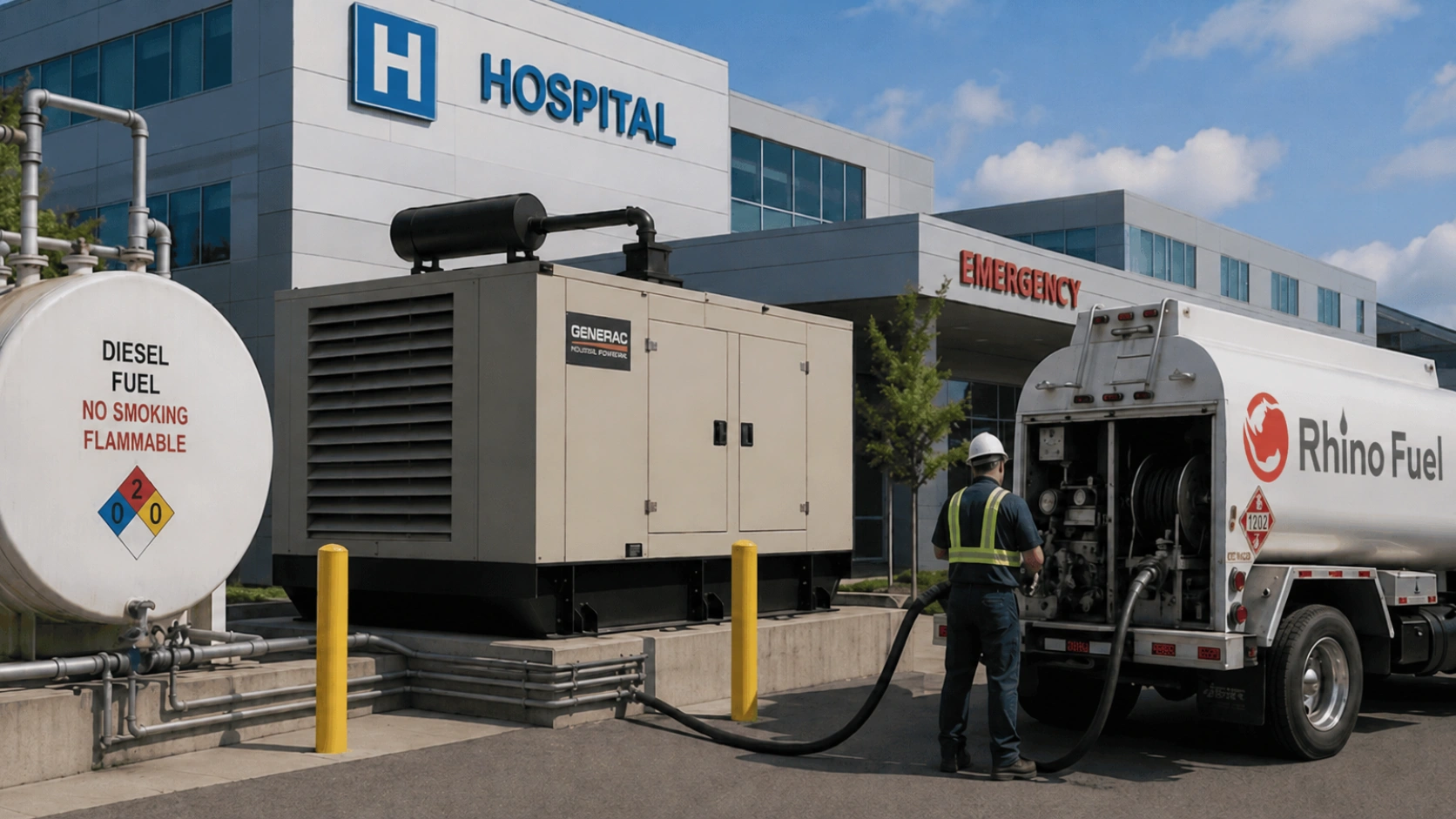 RF-Generator-Fuel-Supply-Tips-for-Hospitals-and-Healthcare-Facilitiess - Rhino Fuel Rhino Fuel truck refueling a hospital backup generator beside an on-site diesel fuel tank.