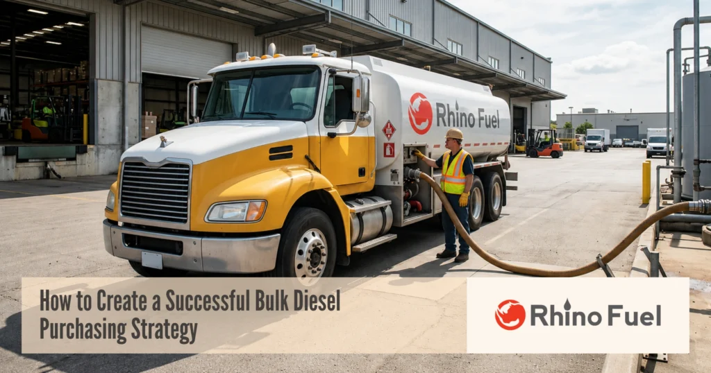 RF-How-to-Create-a-Successful-Bulk-Diesel-Purchasing-Strategy 2 - Rhino Fuel Rhino Fuel truck refueling at an industrial site with banner text about creating a successful bulk diesel purchasing strategy.