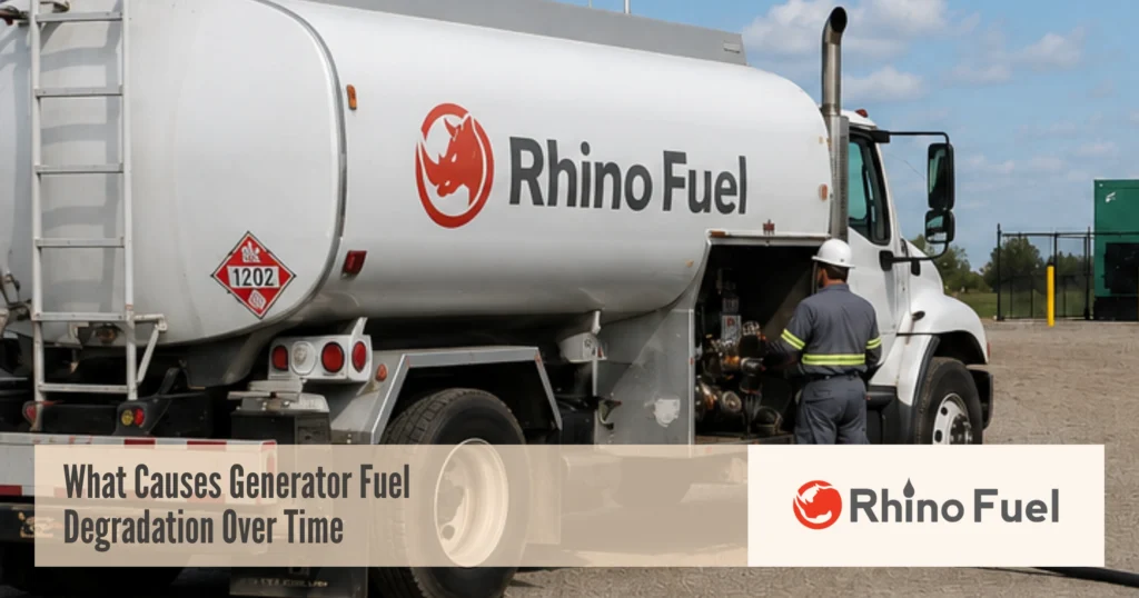 Diesel fueling scene with a Rhino Fuel tanker truck connected to a large cylindrical fuel storage tank; worker stands nearby.
