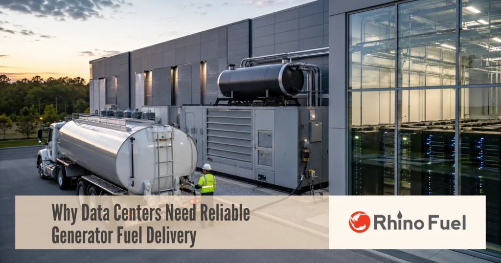Fuel truck delivering generator fuel to backup power systems outside a data center.
