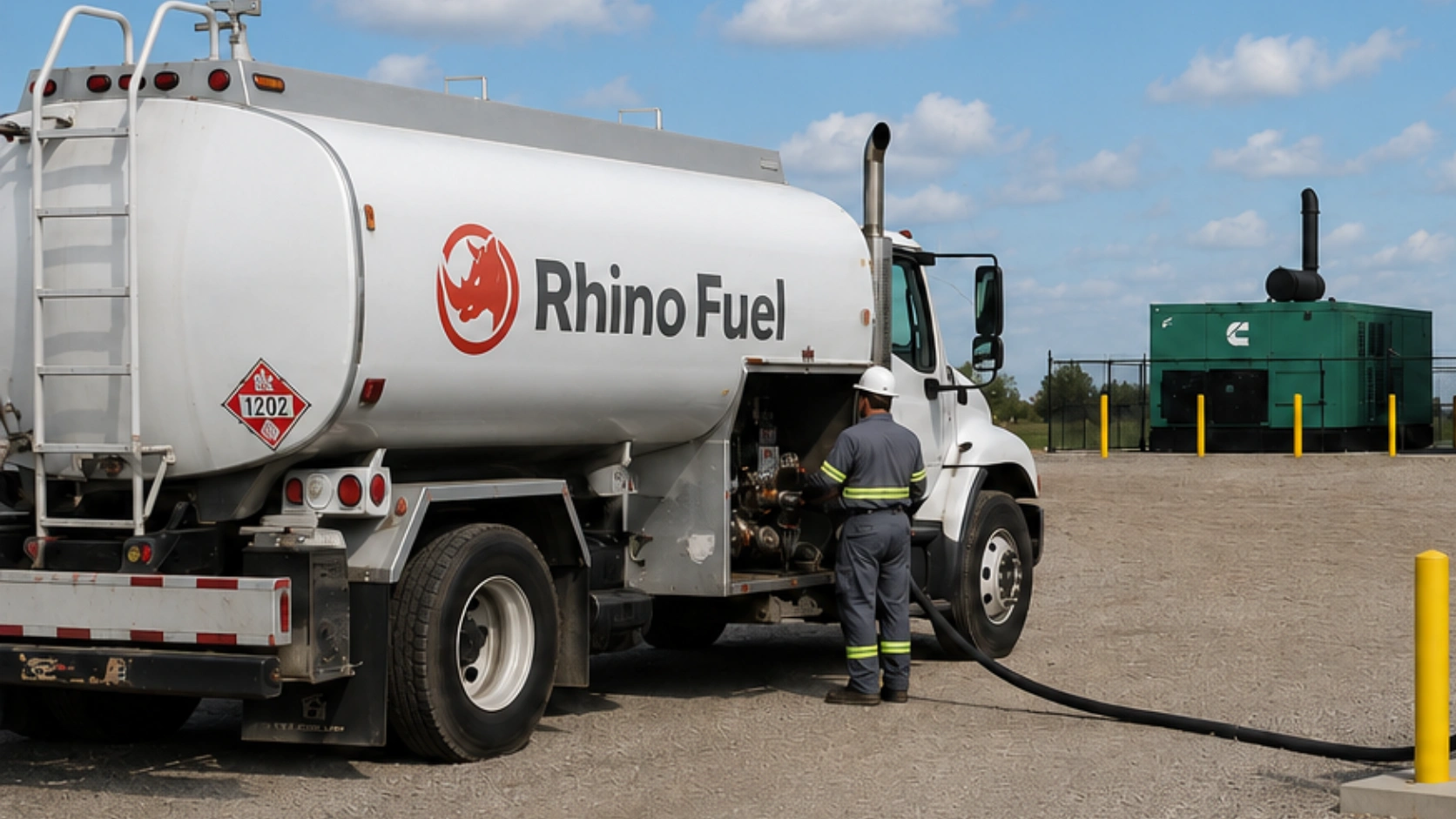 What Causes Generator Fuel Degradation Over Time - Rhino Fuel Diesel fueling scene with a Rhino Fuel tanker truck connected to a large cylindrical fuel storage tank; worker stands nearby.