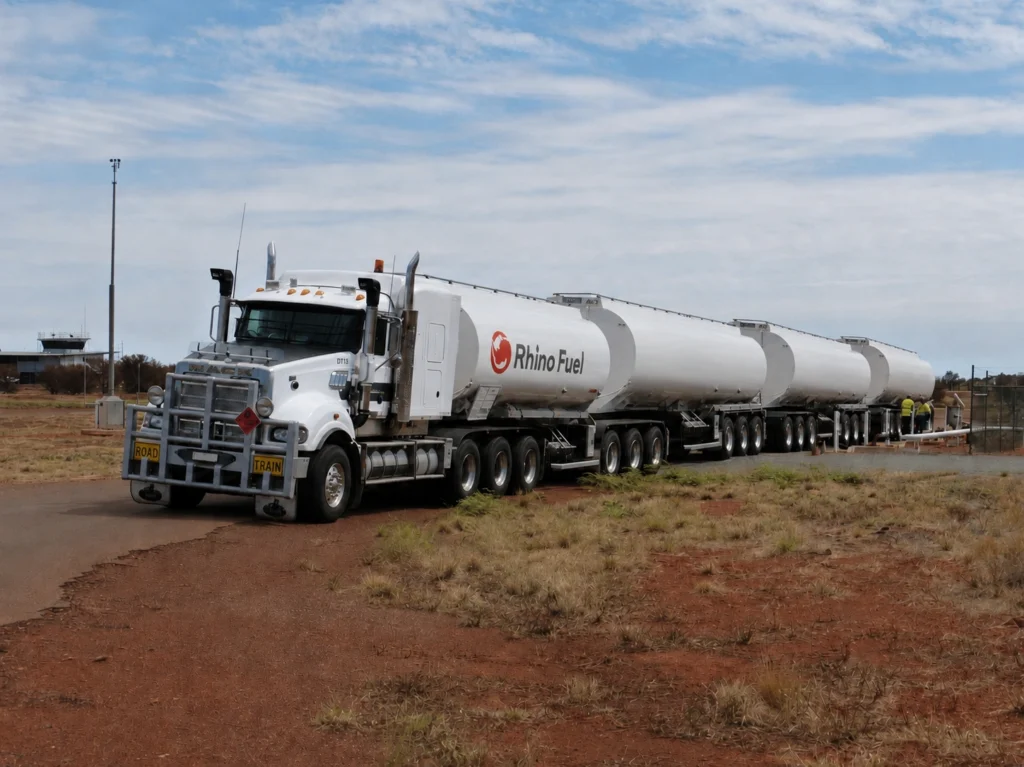 White road-train tanker truck with Rhino Fuel logo on a dirt road in a desert landscape under a blue sky.