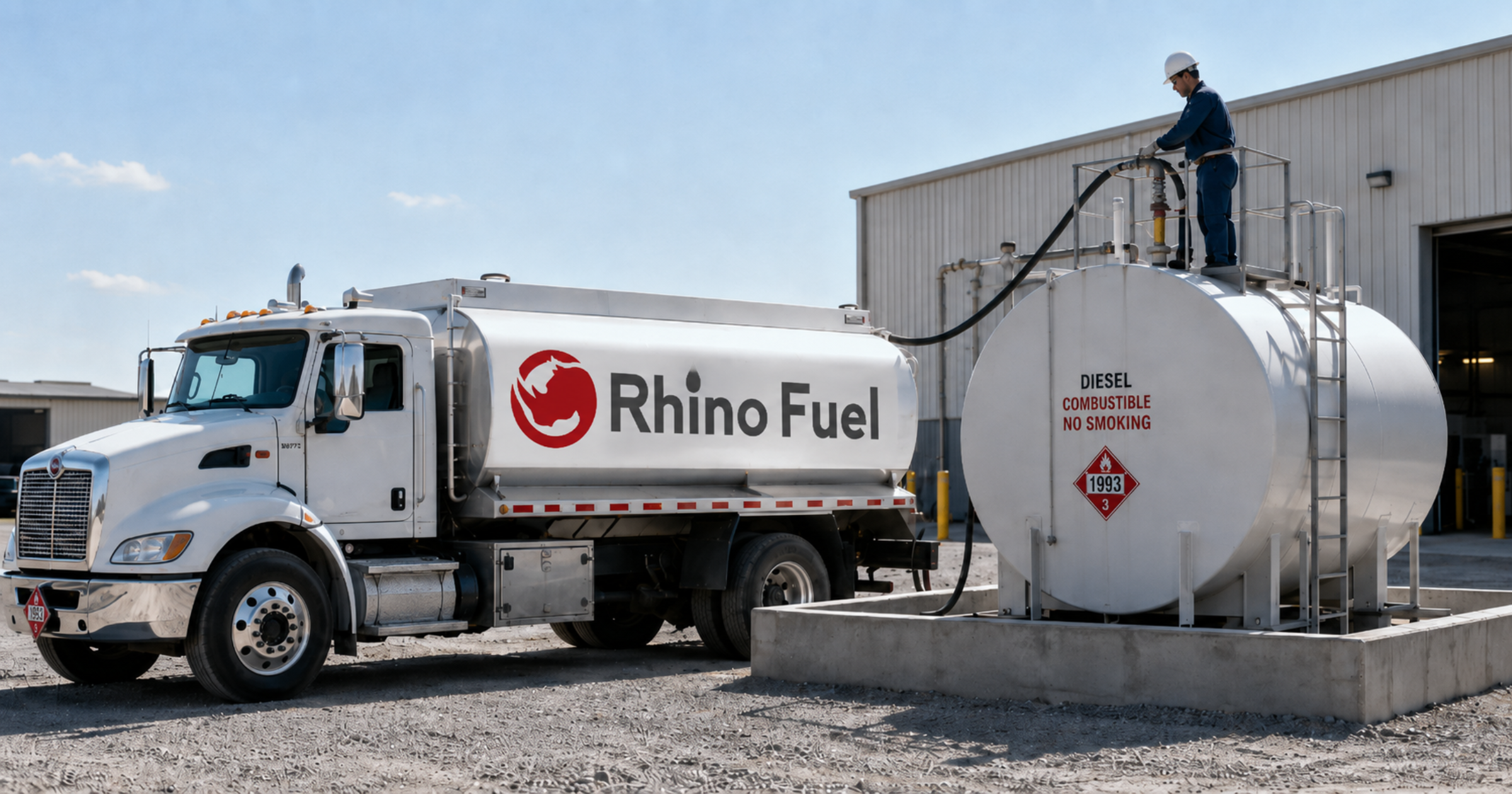 Rhino Fuel truck delivering diesel to a bulk fuel storage tank.