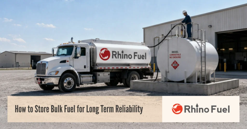RF-Social-Share-Image-16x9-How to Store Bulk Fuel for Long Term Reliability - Rhino Fuel Rhino Fuel tanker truck connected to a large diesel storage tank at an industrial facility, worker atop the tank.