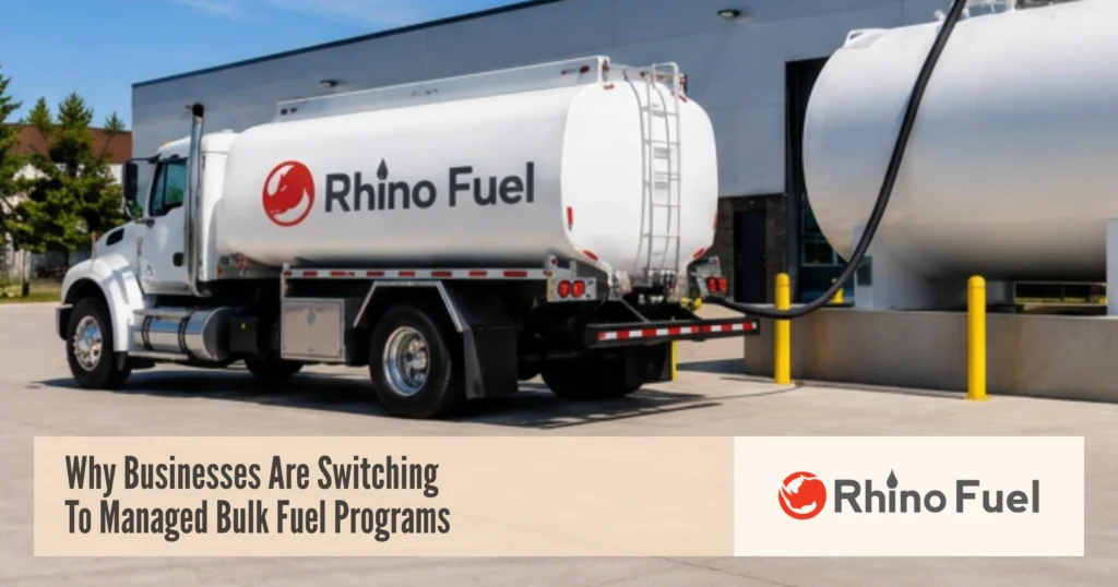 White Rhino Fuel tanker truck at a fueling station with a hose connected to a large stainless tank and yellow bollards nearby.