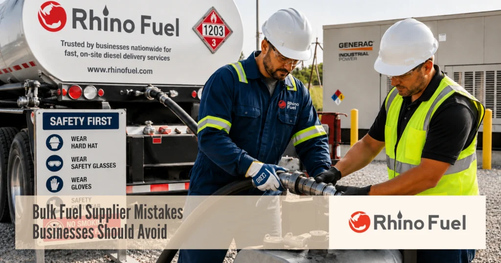 RF-Social-Share-Image-16x9-Bulk Fuel Supplier Mistakes Businesses Should Avoid - Rhino Fuel Two workers in hard hats and high-visibility vests connect a hose to a Rhino Fuel tanker in a safety‑conscious bulk fuel site.