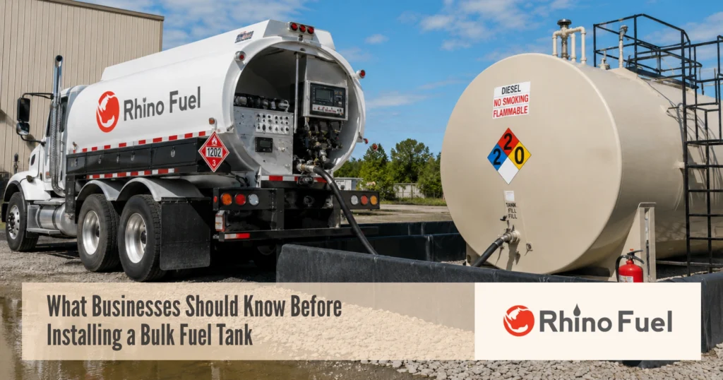 Rhino Fuel tanker truck beside a large diesel storage tank with the article title 'What Businesses Should Know Before Installing a Bulk Fuel Tank' overlaid on the image.