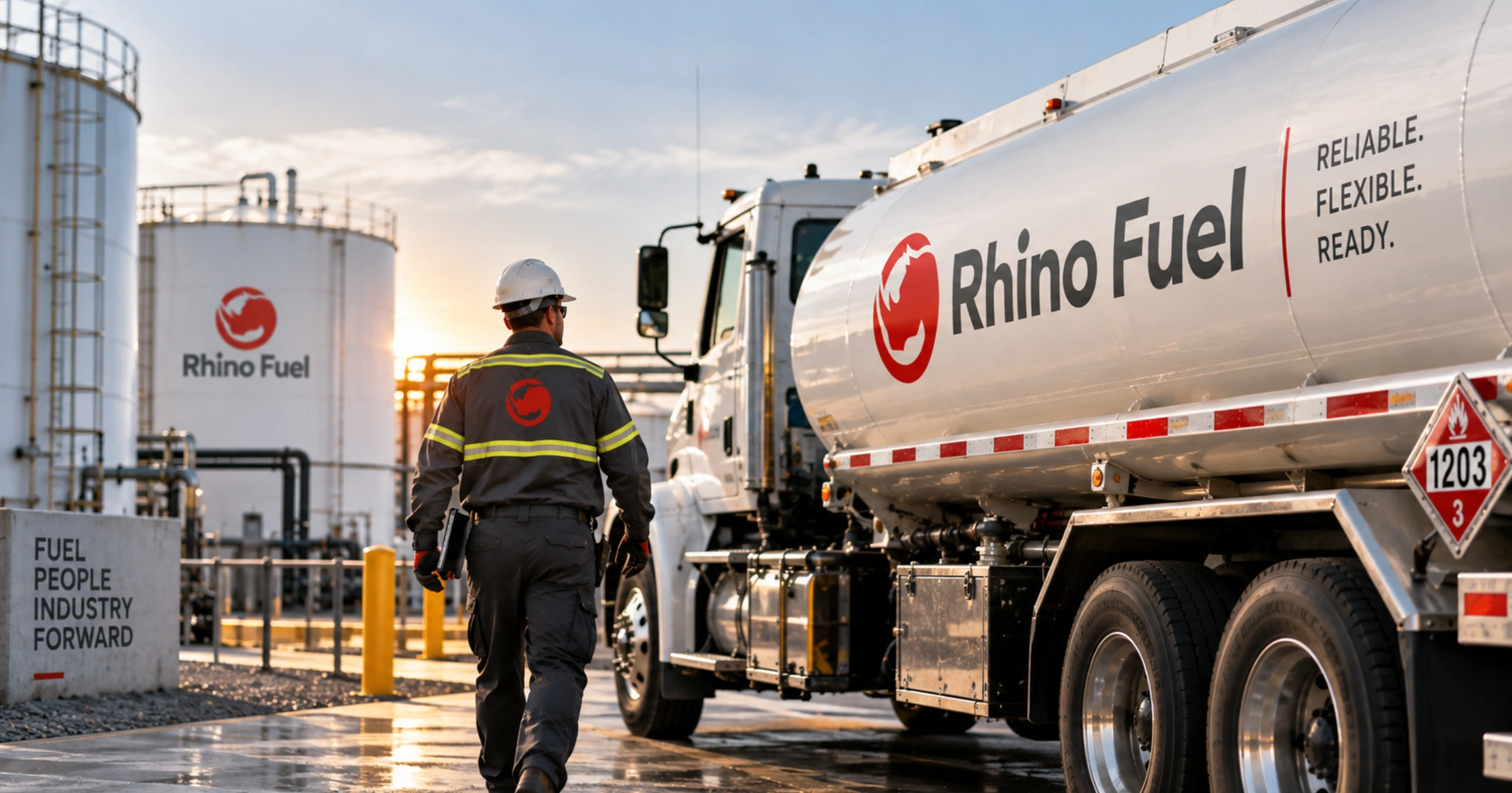 Rhino Fuel tanker truck and fuel delivery worker at a commercial bulk fuel storage facility