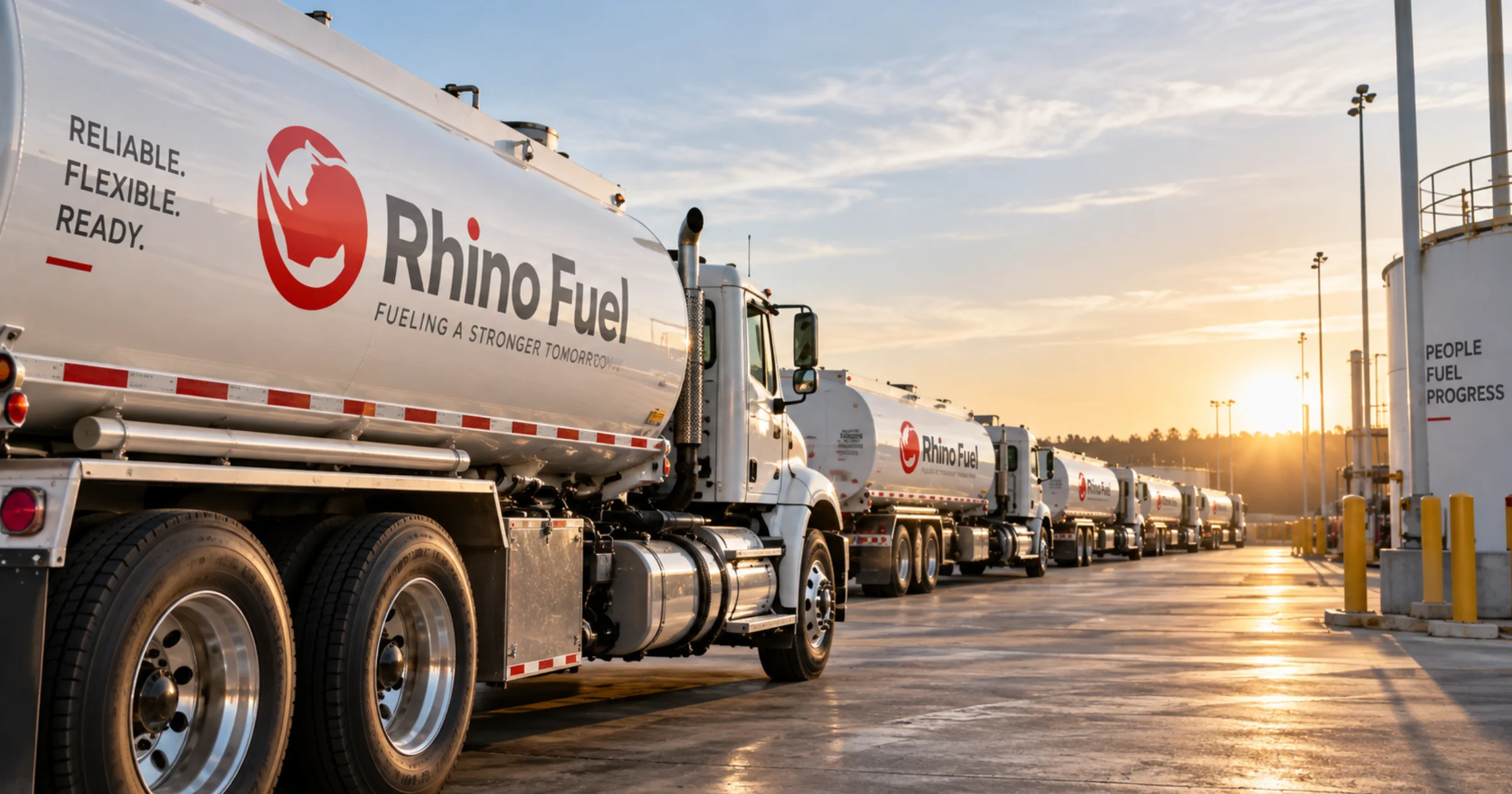 Rhino Fuel tanker trucks lined up at a bulk fuel facility.