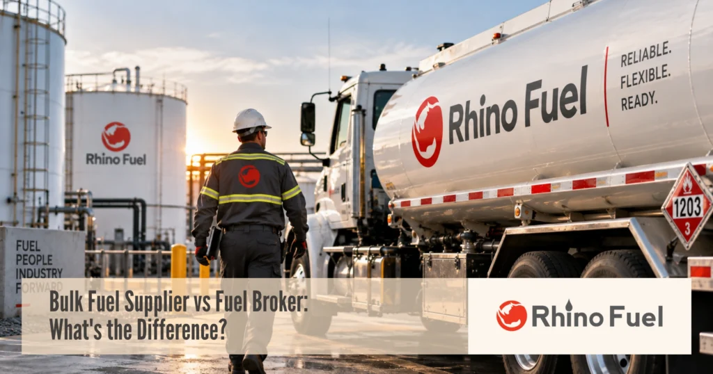 Rhino Fuel tanker truck and fuel delivery worker at a commercial bulk fuel storage facility.